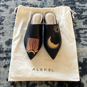Black Mules with Gold and Copper Accents